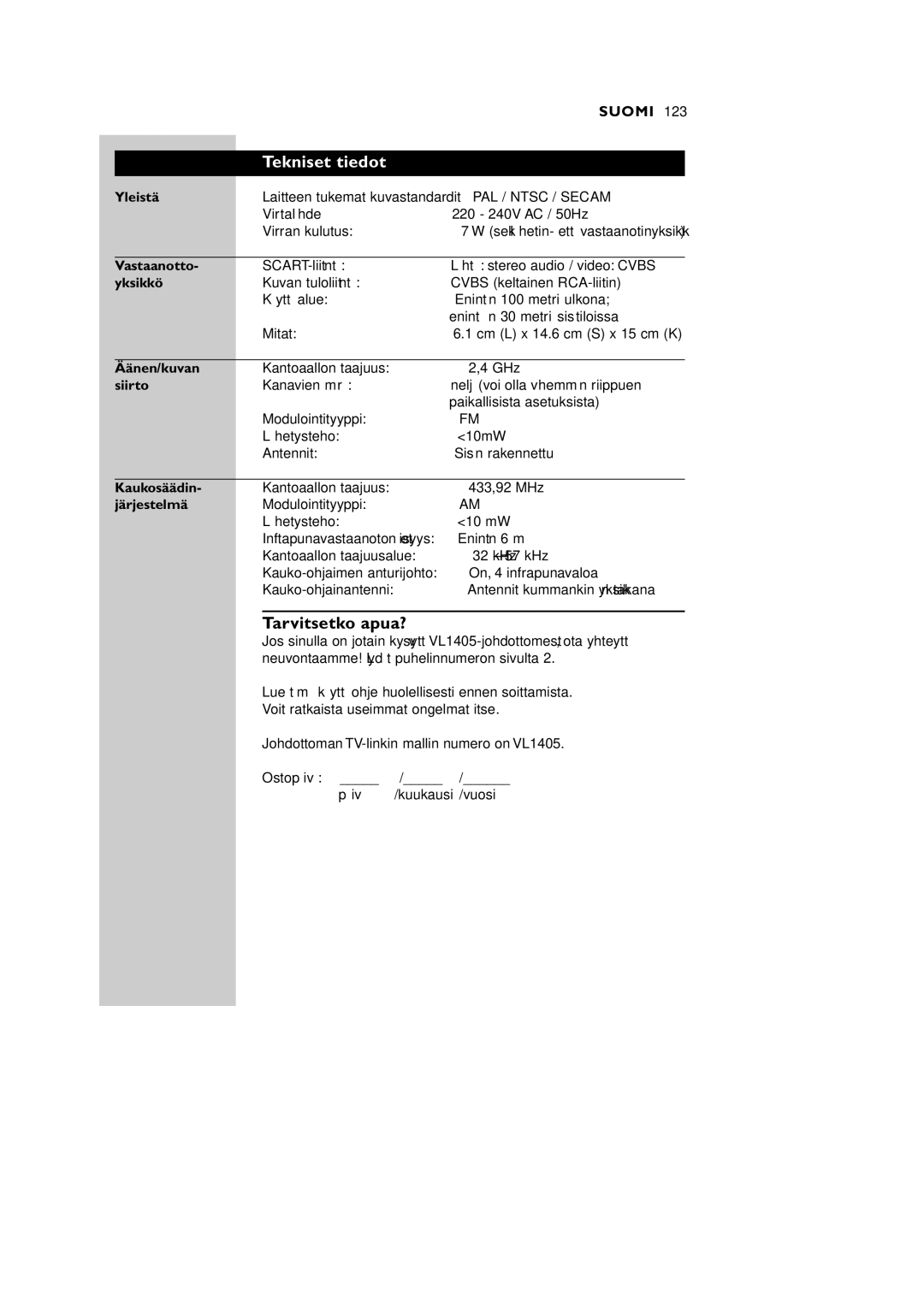 Philips VL1405 manual Tekniset tiedot, Tarvitsetko apua? 