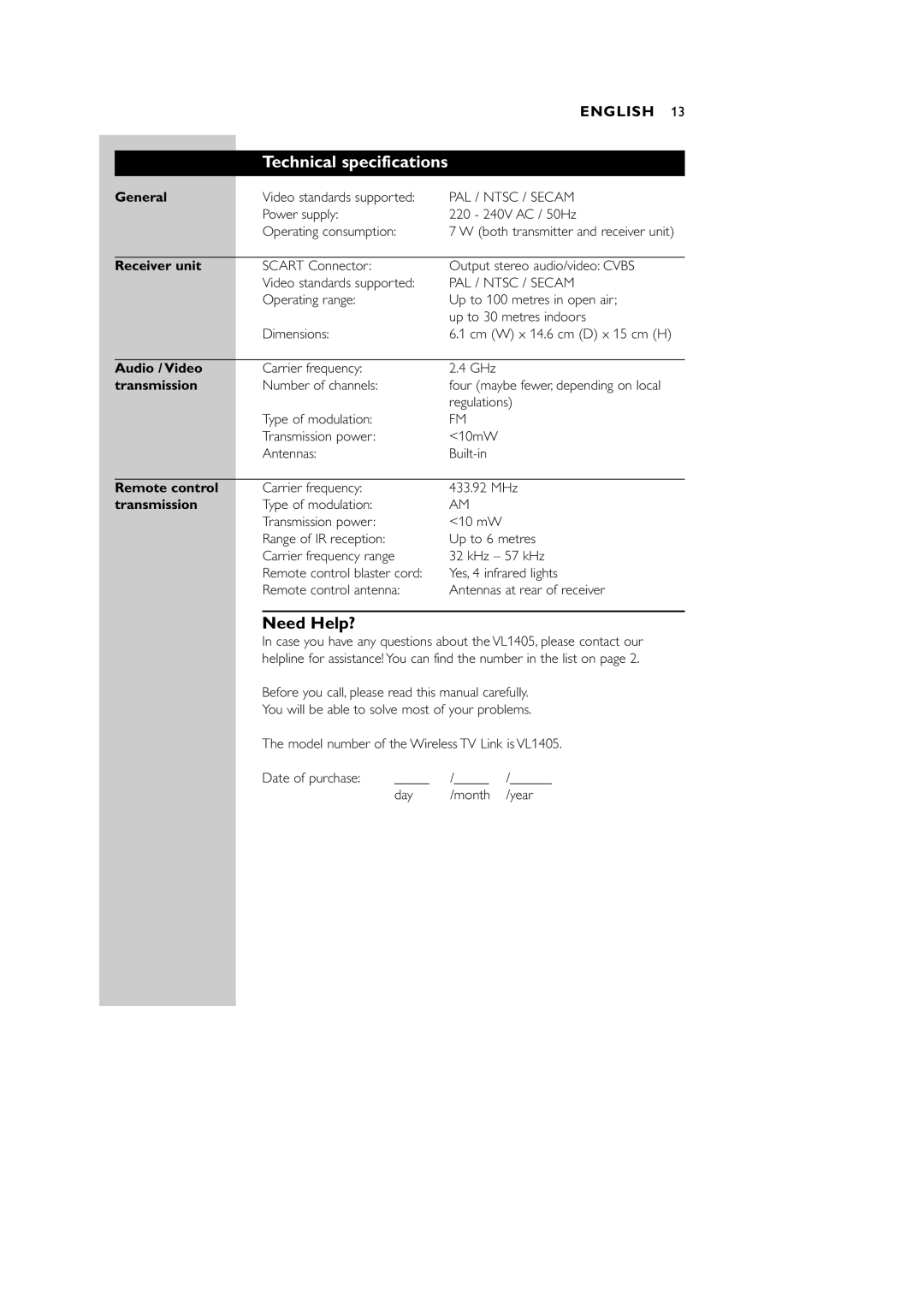 Philips VL1405 manual Need Help?, General, Receiver unit, Audio / Video, Transmission 