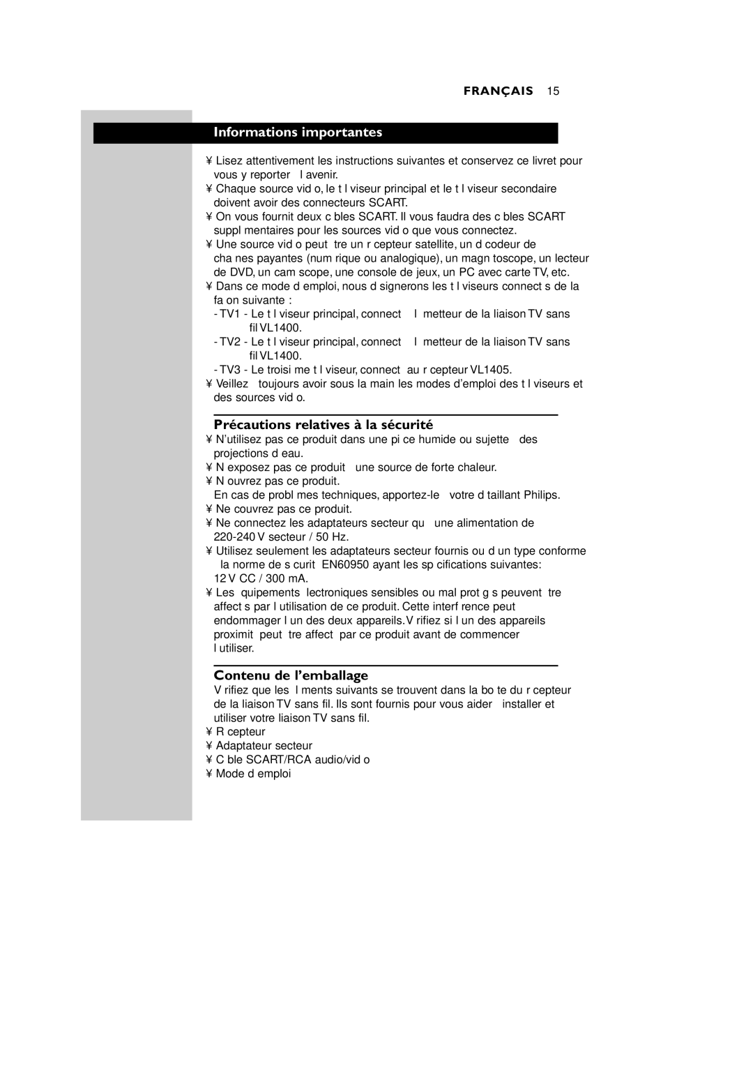 Philips VL1405 manual Informations importantes, Précautions relatives à la sécurité, Contenu de l’emballage 