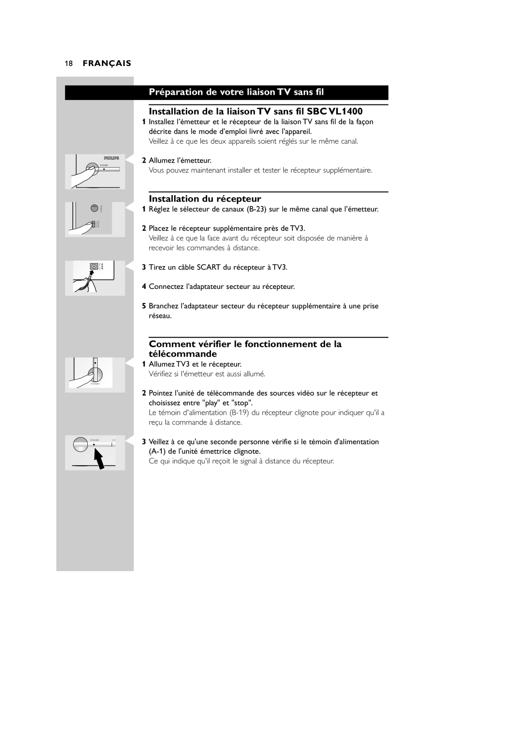 Philips VL1405 manual Préparation de votre liaison TV sans fil, Installation de la liaison TV sans fil SBC VL1400 