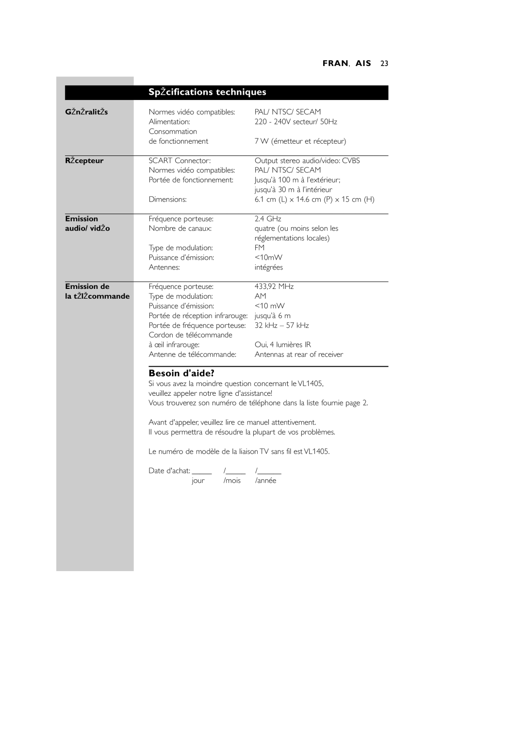 Philips VL1405 manual Spécifications techniques, Besoin daide? 