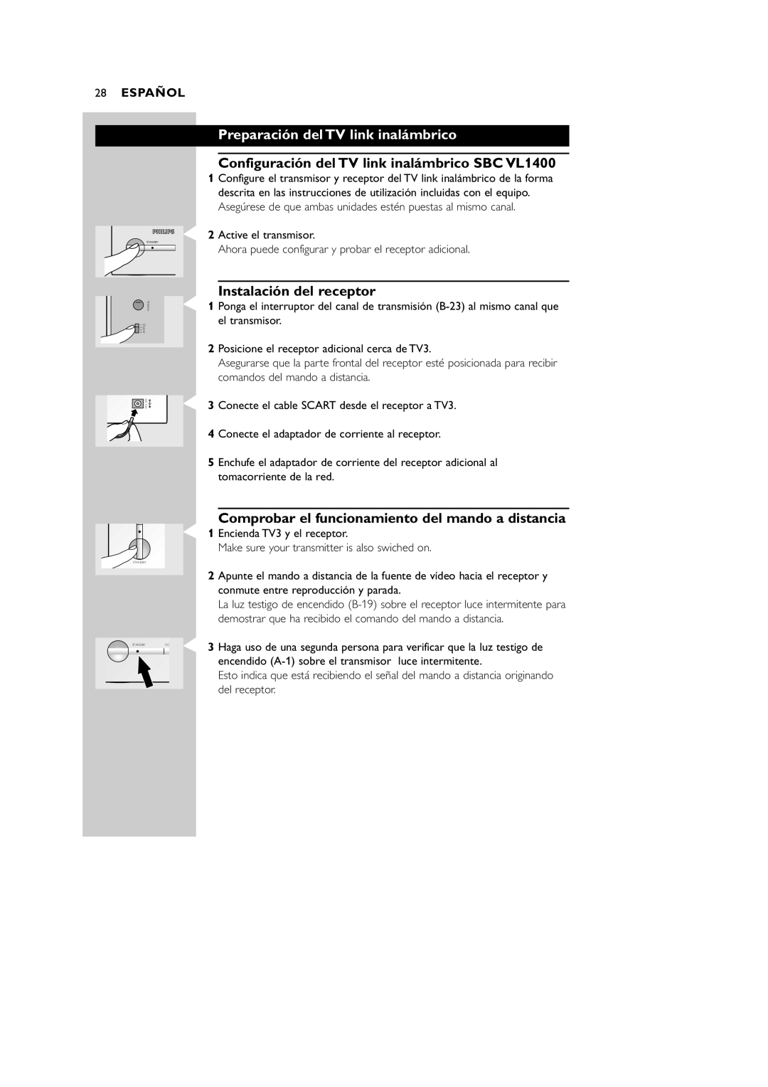 Philips VL1405 manual Preparación del TV link inalámbrico, Configuración del TV link inalámbrico SBC VL1400 