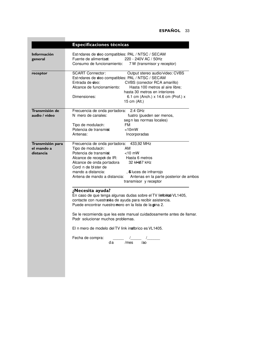 Philips VL1405 manual Especificaciones técnicas, ¿Necesita ayuda? 