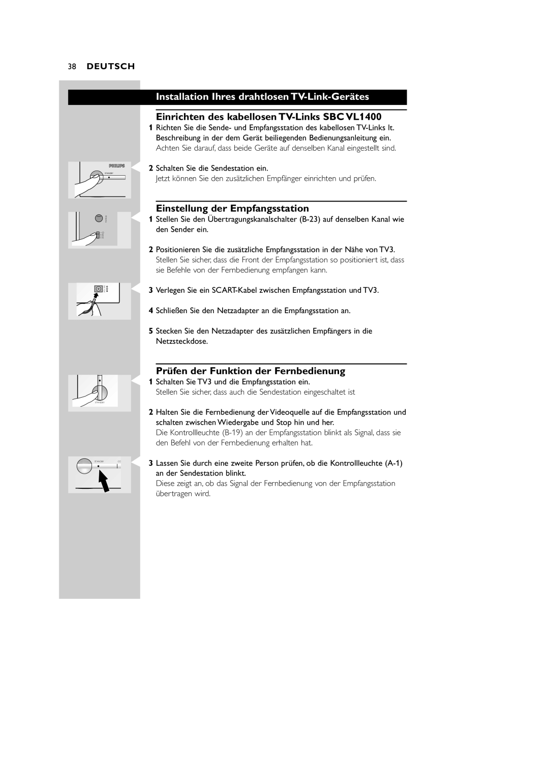 Philips VL1405 manual Installation Ihres drahtlosen TV-Link-Gerätes, Einrichten des kabellosen TV-Links SBC VL1400 