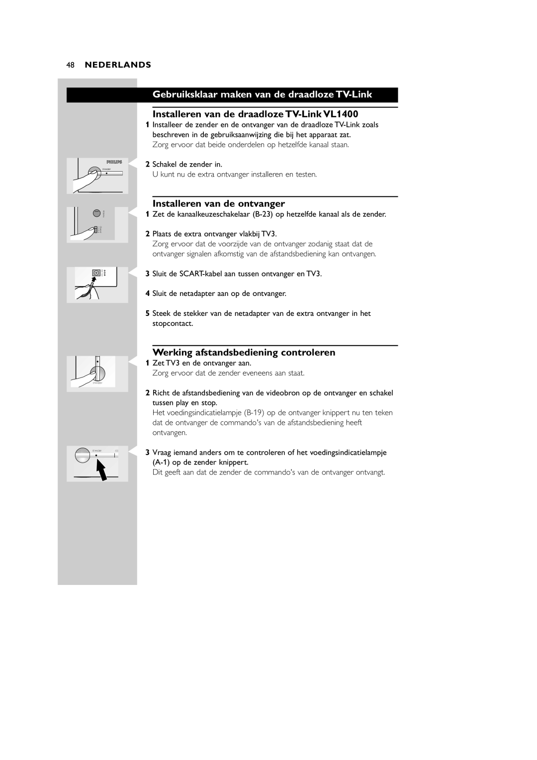 Philips VL1405 manual Gebruiksklaar maken van de draadloze TV-Link, Installeren van de draadloze TV-Link VL1400 