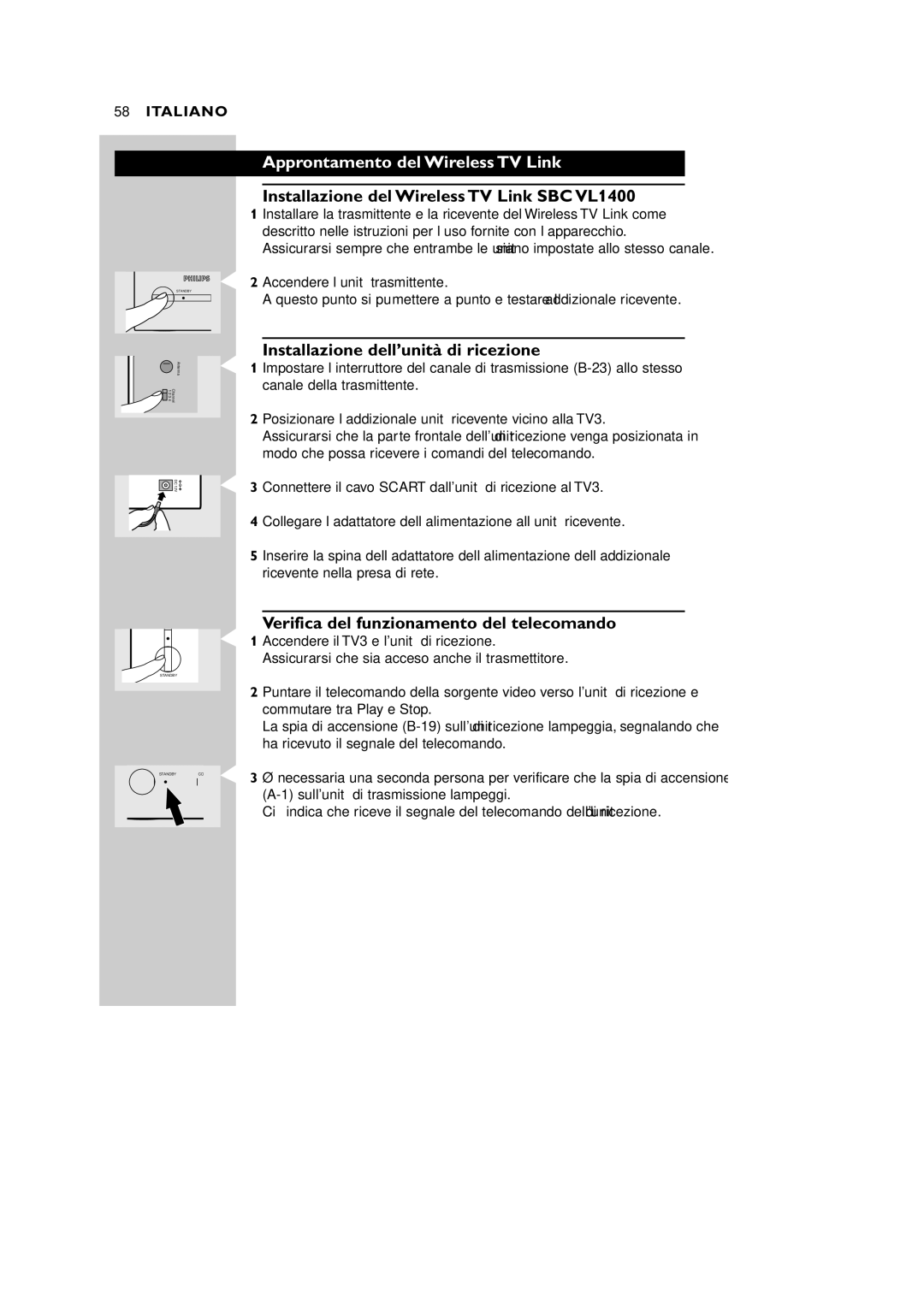 Philips VL1405 manual Approntamento del Wireless TV Link, Installazione del Wireless TV Link SBC VL1400 