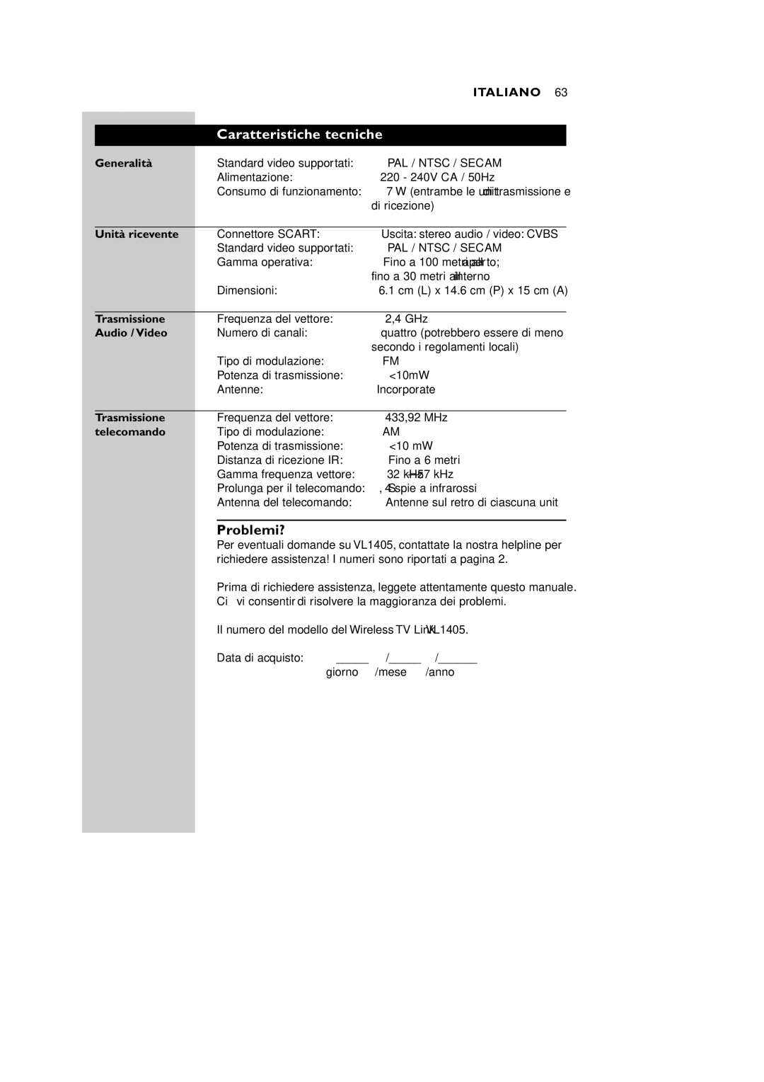 Philips VL1405 manual Caratteristiche tecniche, Problemi? 