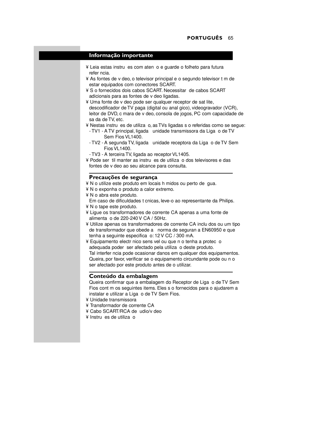 Philips VL1405 manual Informação importante, Precauções de segurança, Conteúdo da embalagem 