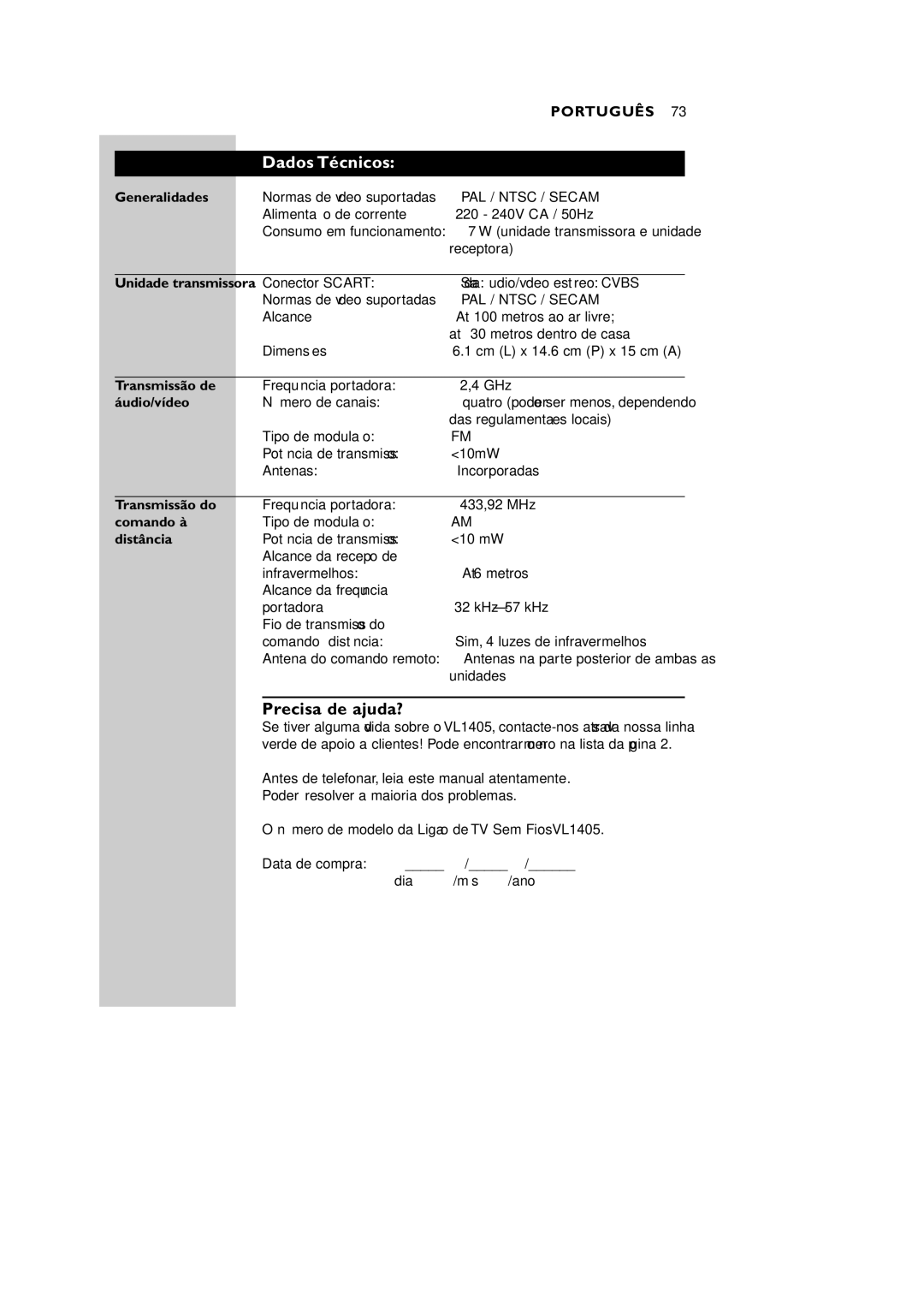 Philips VL1405 manual Dados Técnicos, Precisa de ajuda? 