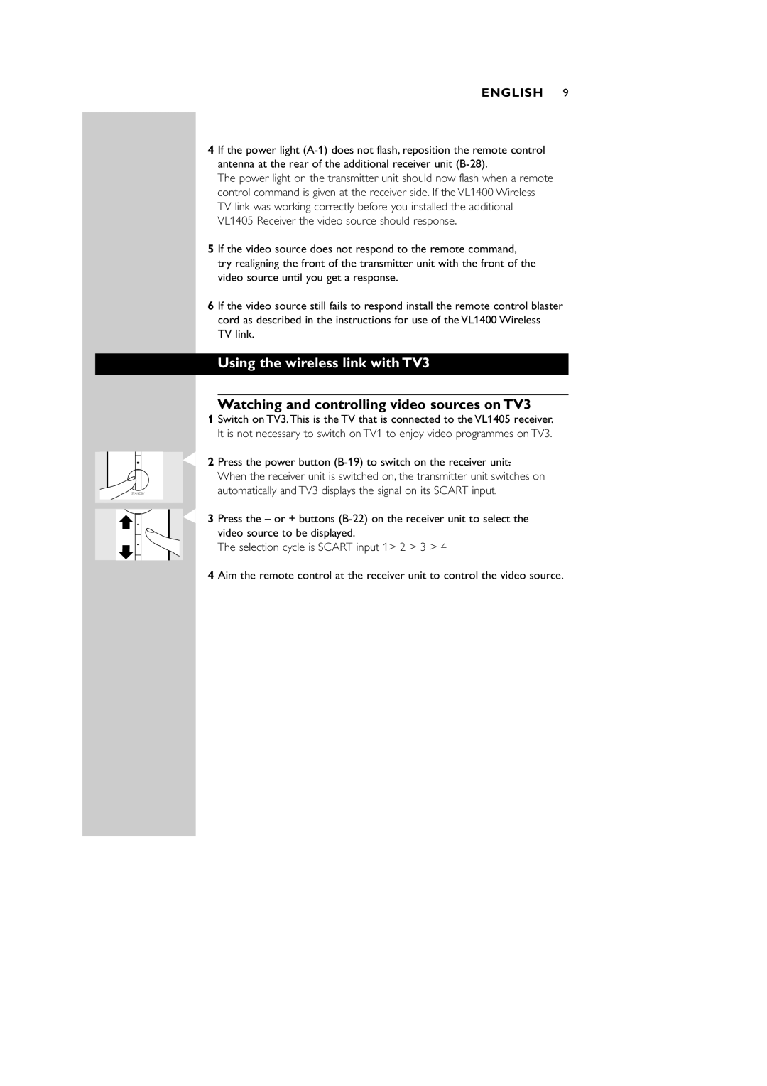 Philips VL1405 manual Using the wireless link with TV3, Watching and controlling video sources on TV3 