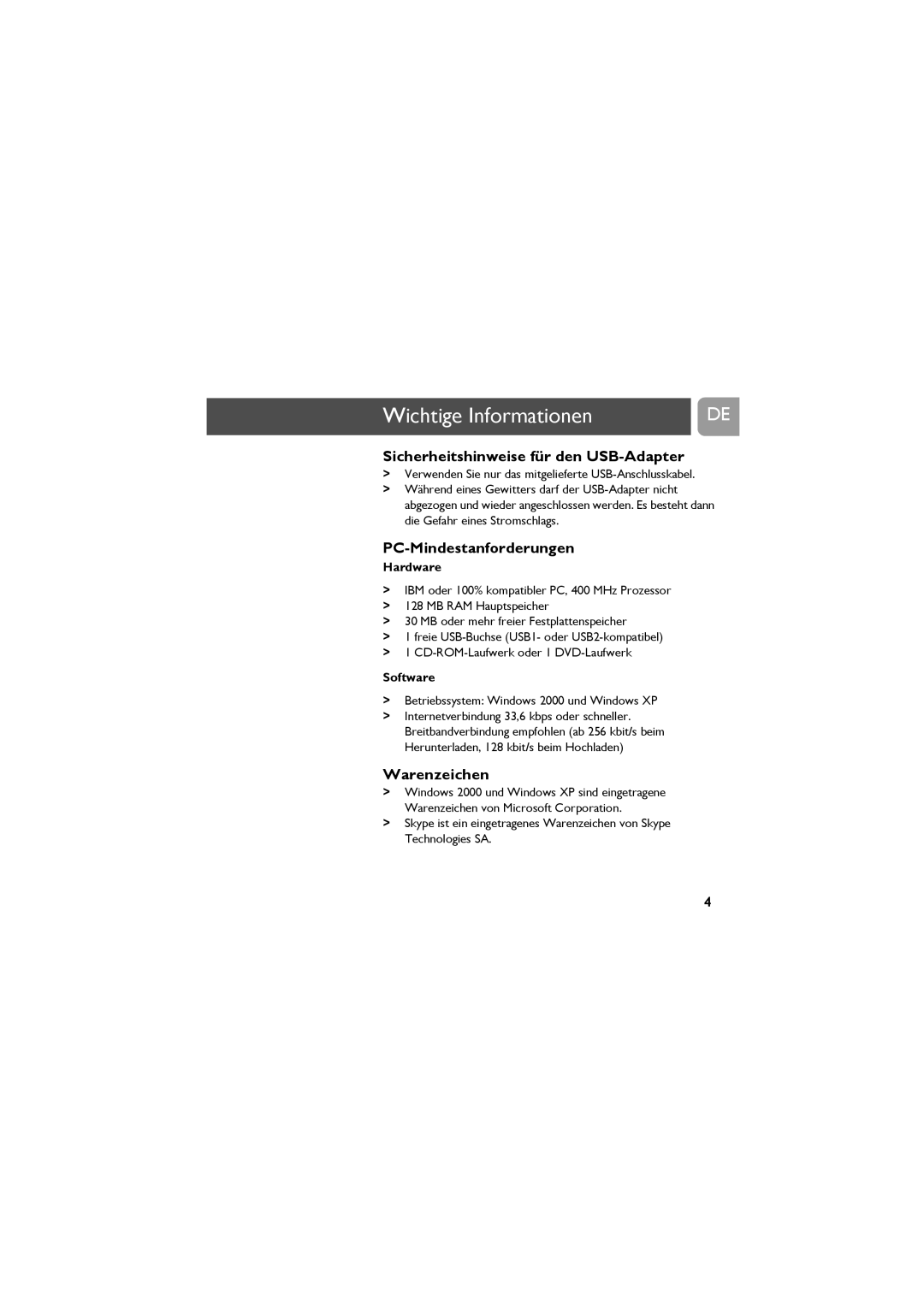 Philips VOIP021 user manual Sicherheitshinweise für den USB-Adapter, PC-Mindestanforderungen, Warenzeichen 