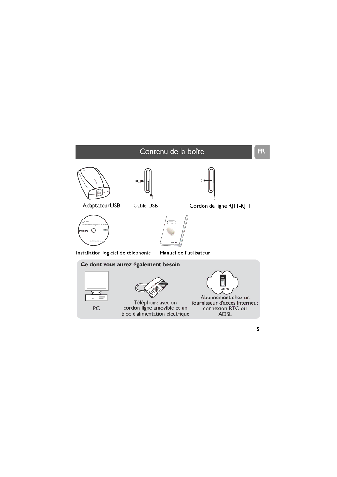 Philips VOIP021 user manual Contenu de la boîte, AdaptateurUSB 