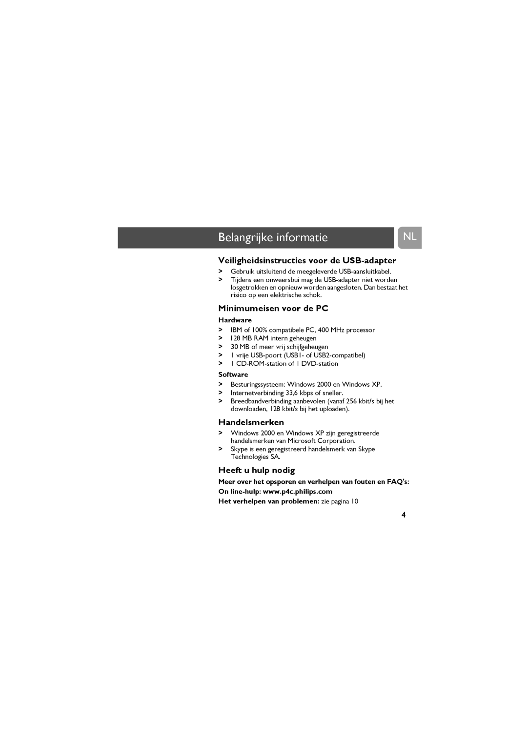 Philips VOIP021 Veiligheidsinstructies voor de USB-adapter, Minimumeisen voor de PC, Handelsmerken, Heeft u hulp nodig 