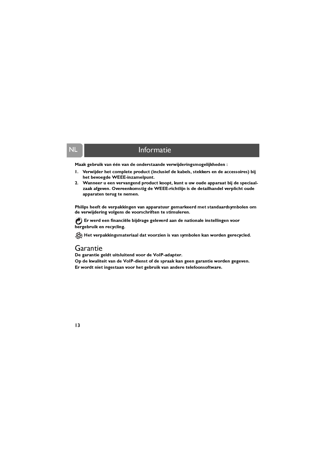 Philips VOIP021 user manual NLInformatie, Garantie 