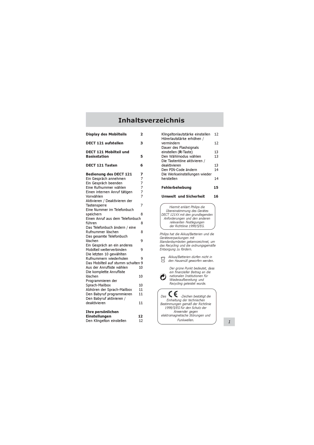 Philips VOIP021 user manual Inhaltsverzeichnis, Ihre persönlichen Einstellungen, Fehlerbehebung Umwelt und Sicherheit 