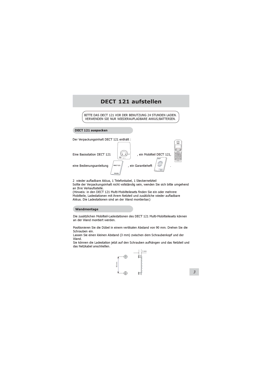 Philips VOIP021 user manual Dect 121 aufstellen, Dect 121 auspacken, Wandmontage 