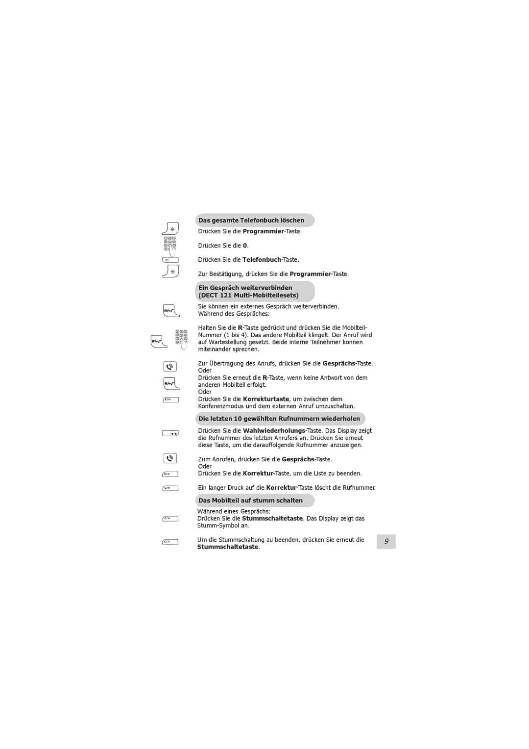 Philips VOIP021 user manual Das gesamte Telefonbuch löschen, Ein Gespräch weiterverbinden Dect 121 Multi-Mobilteilesets 