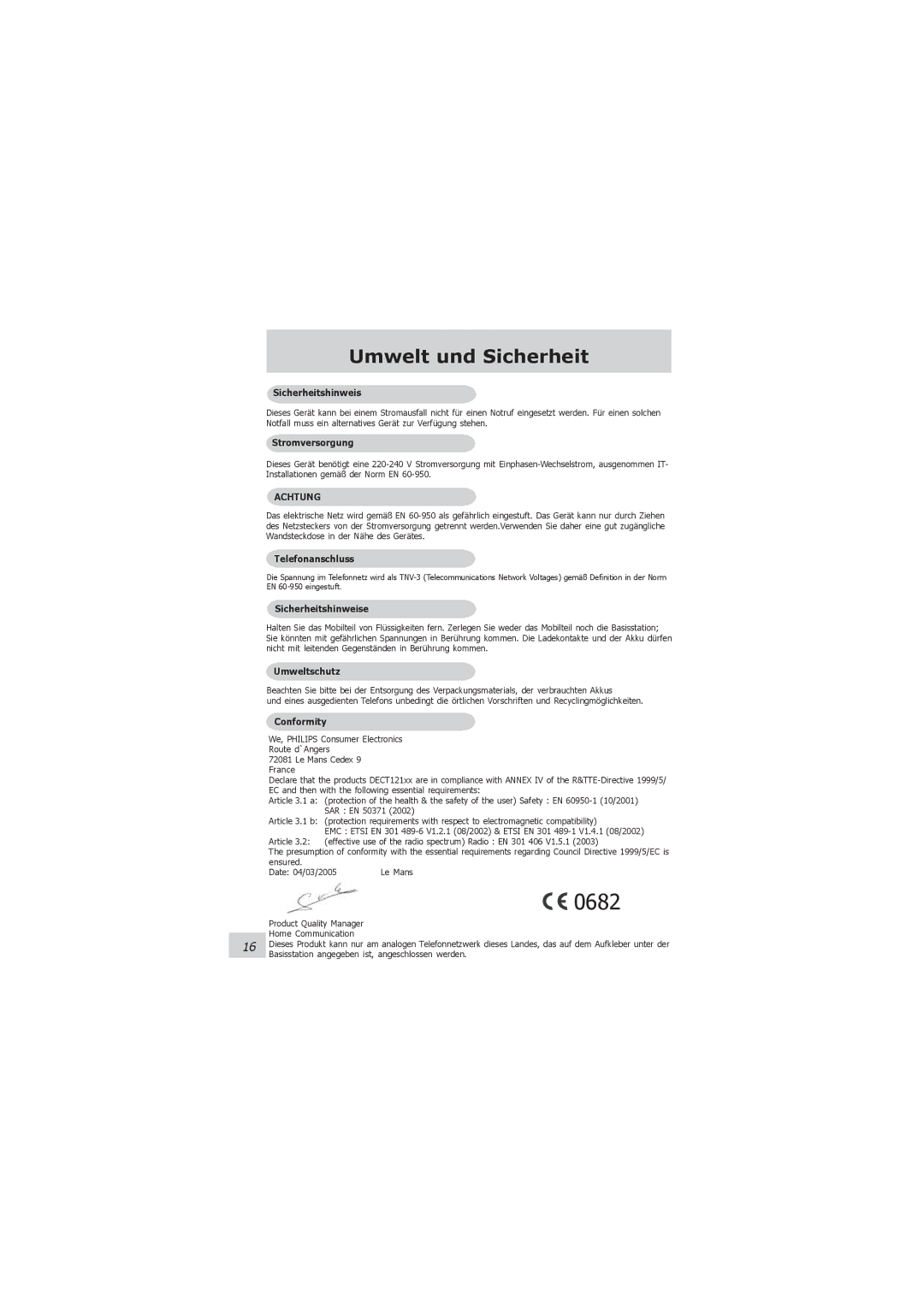 Philips VOIP021 user manual Umwelt und Sicherheit, Sicherheitshinweis 