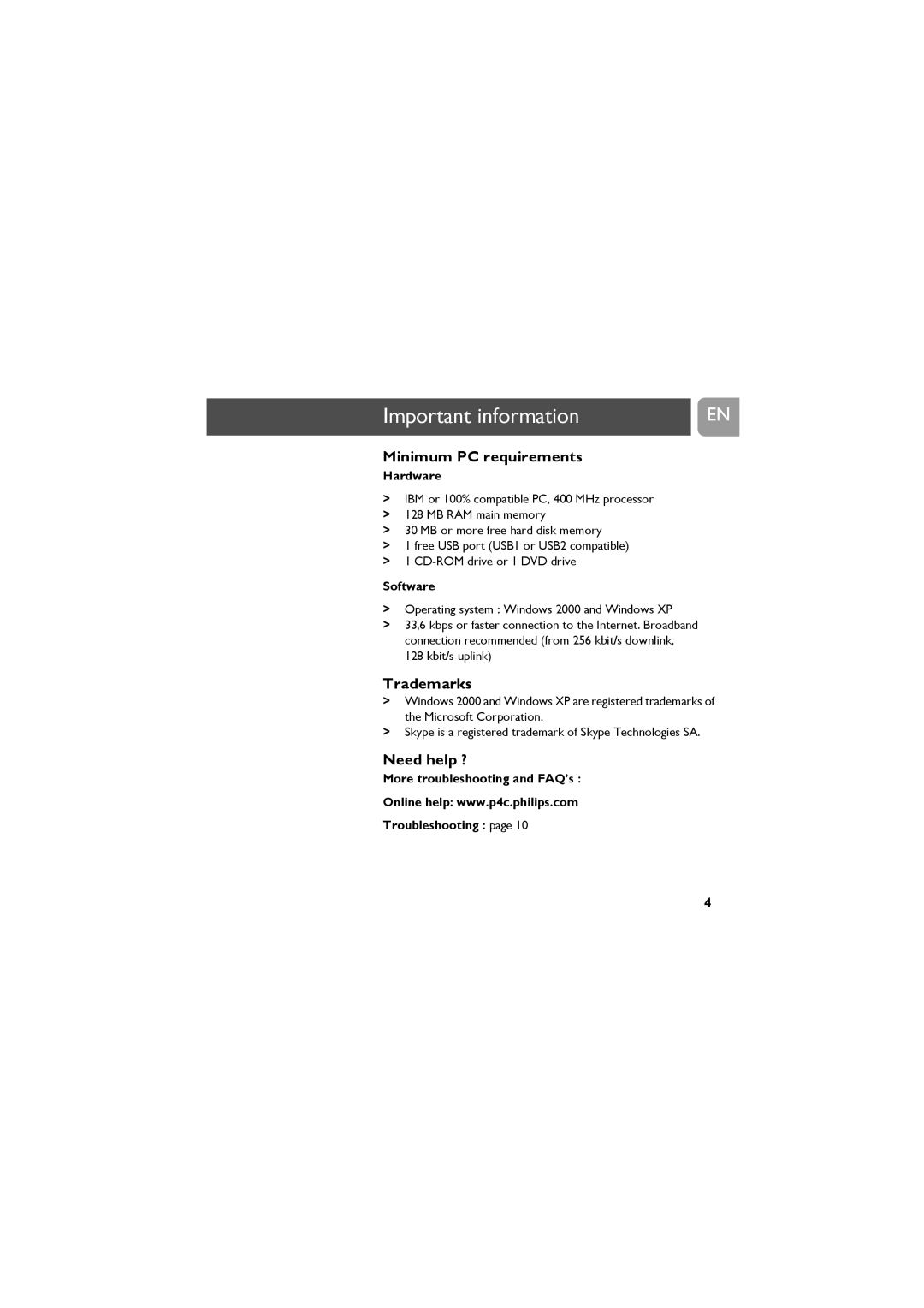 Philips VOIP021 user manual Minimum PC requirements, Trademarks, Need help ? 