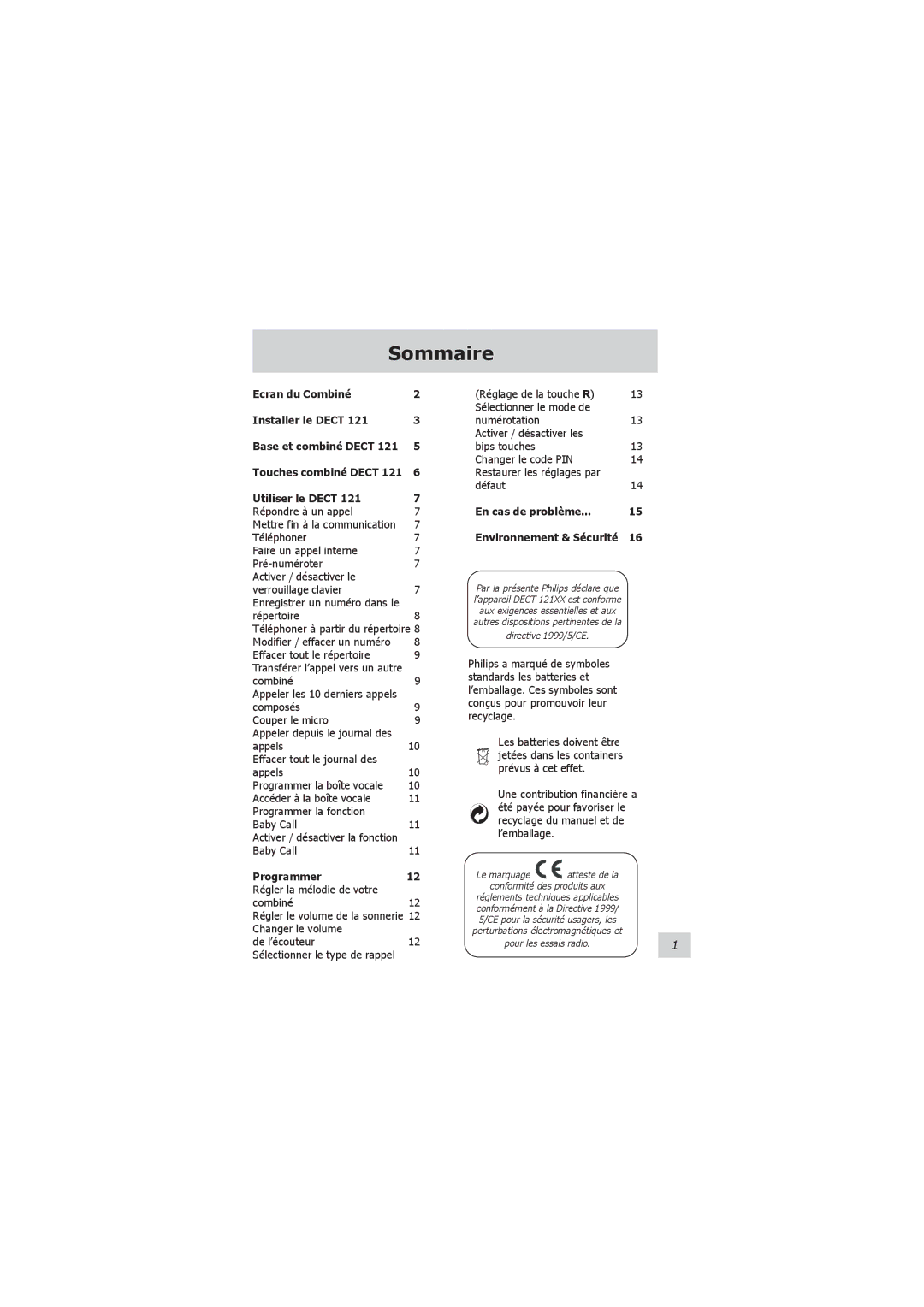 Philips VOIP021 user manual Sommaire, Ecran du Combiné Installer le Dect, Utiliser le Dect, Programmer 