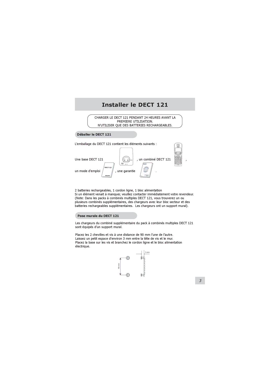 Philips VOIP021 user manual Installer le Dect, Déballer le Dect, Pose murale du Dect 