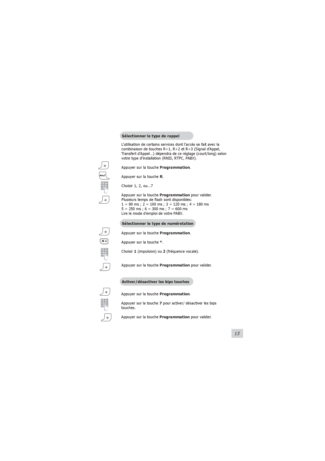 Philips VOIP021 Sélectionner le type de rappel, Sélectionner le type de numérotation, Activer/désactiver les bips touches 