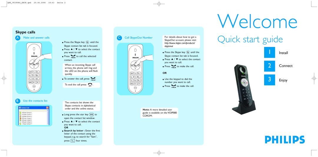 Philips VOIP080 quick start Make and answer calls Use the contacts list, Call SkypeOut Number 