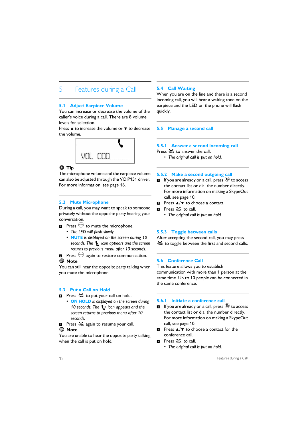 Philips VOIP151 manual Features during a Call 