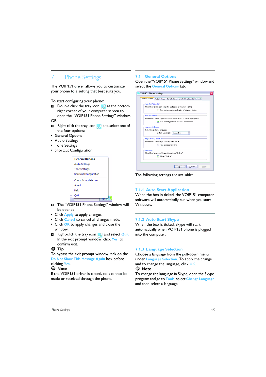 Philips VOIP151 manual Phone Settings, General Options, Auto Start Application, Auto Start Skype, Language Selection 