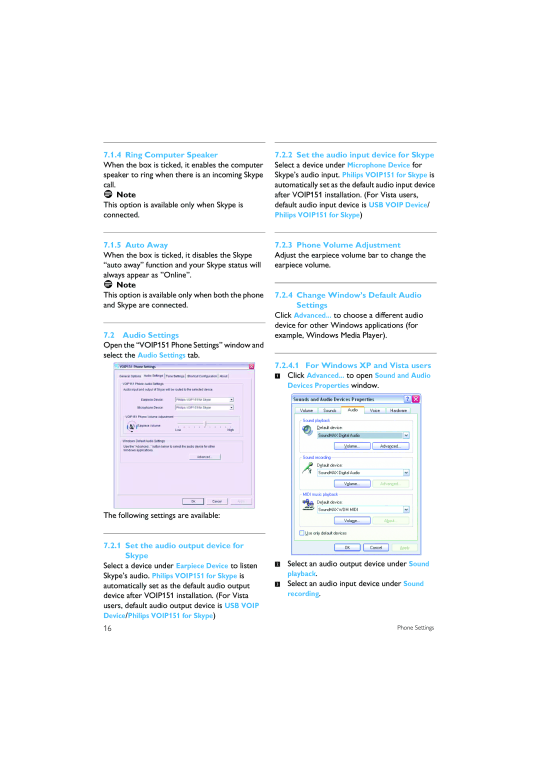 Philips VOIP151 manual Ring Computer Speaker, Auto Away, Audio Settings, Set the audio output device for Skype 