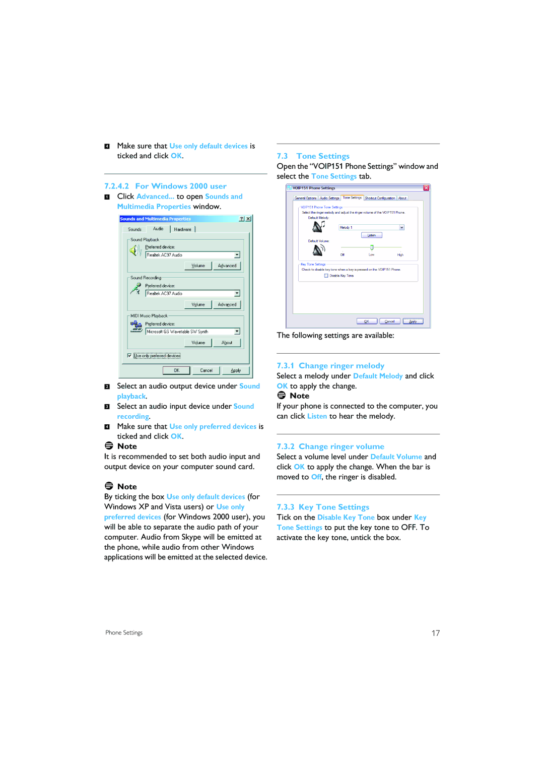 Philips VOIP151 manual For Windows 2000 user, Change ringer melody, Change ringer volume, Key Tone Settings 