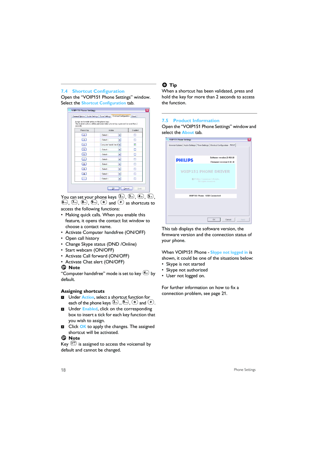 Philips VOIP151 manual Shortcut Configuration, Assigning shortcuts, Product Information 