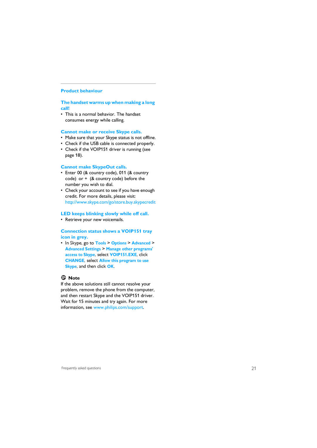 Philips VOIP151 manual Product behaviour Handset warms up when making a long call, Cannot make or receive Skype calls 