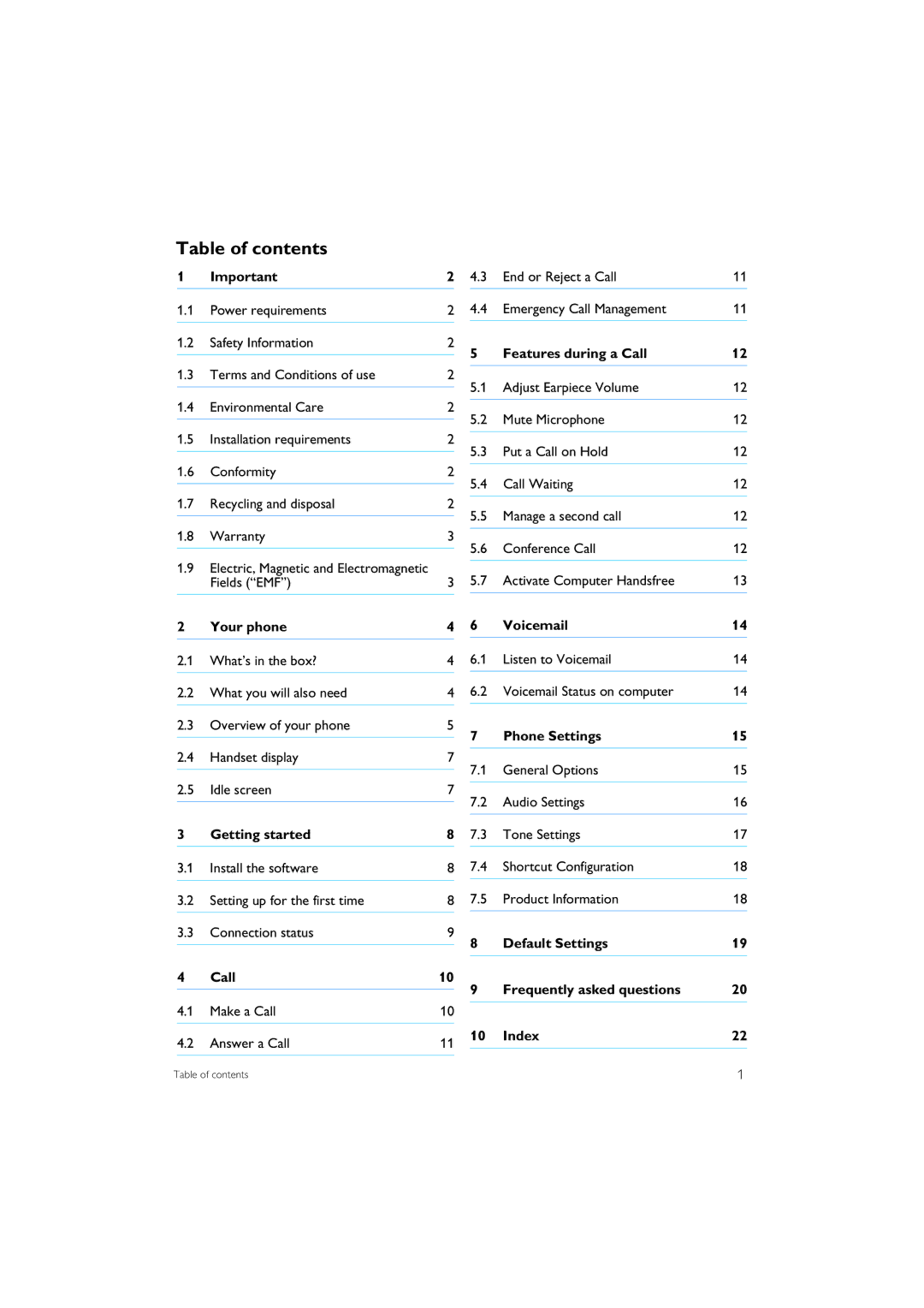 Philips VOIP151 manual Table of contents 