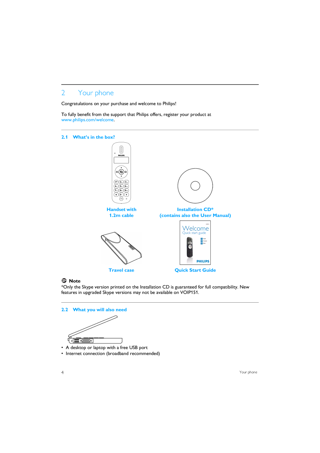 Philips VOIP151 manual Your phone, Congratulations on your purchase and welcome to Philips, Travel case Quick Start Guide 