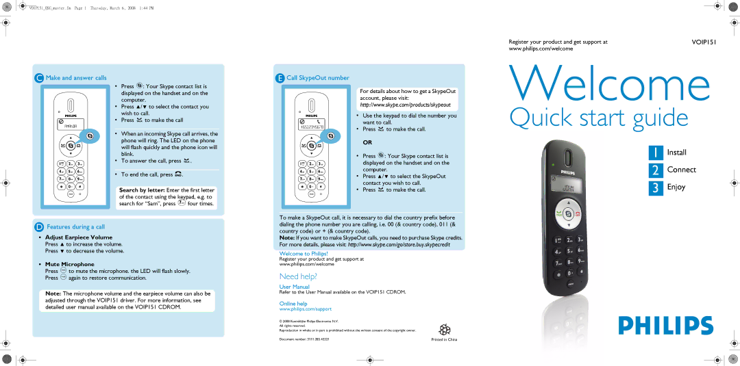 Philips VOIP1511 quick start Make and answer calls, Call SkypeOut number, Features during a call 