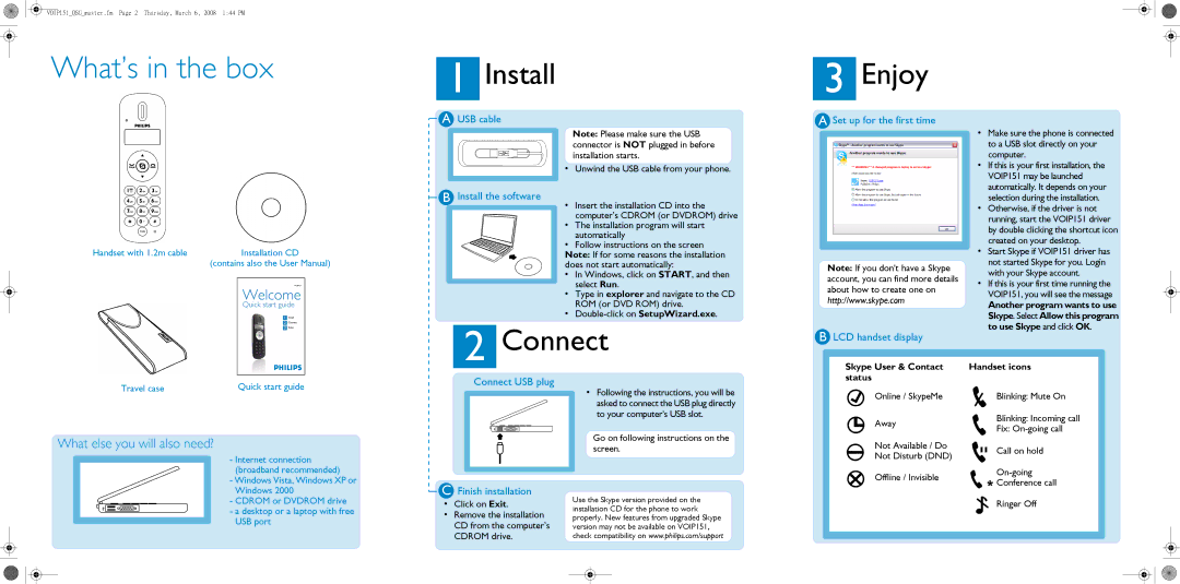 Philips VOIP1511 USB cable Install the software, Set up for the first time, LCD handset display, Connect USB plug 