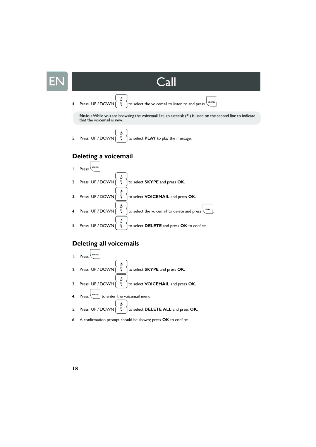 Philips VOIP321 user manual Call, Deleting a voicemail, Deleting all voicemails 