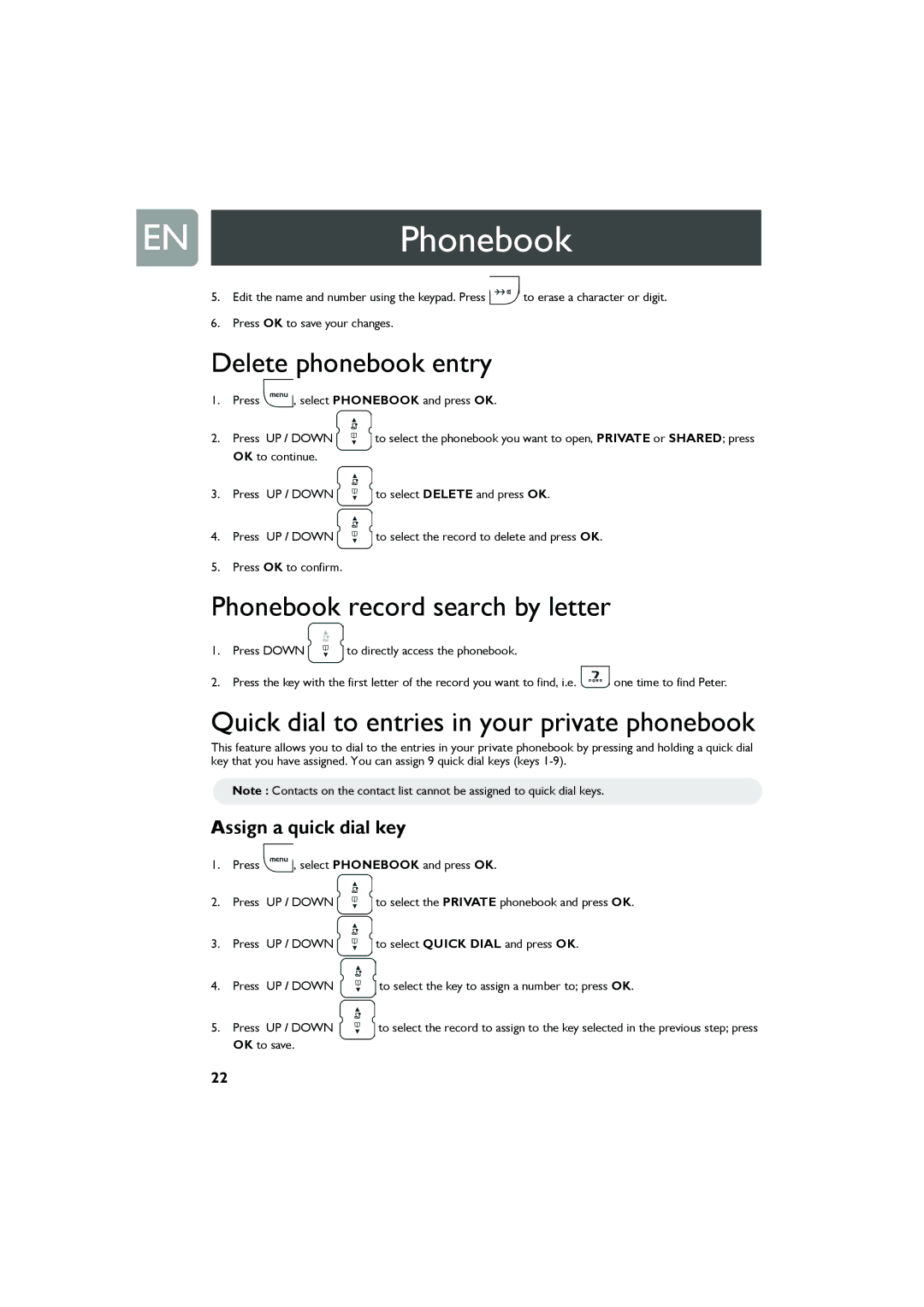 Philips VOIP321 user manual ENPhonebook, Delete phonebook entry, Phonebook record search by letter, Assign a quick dial key 