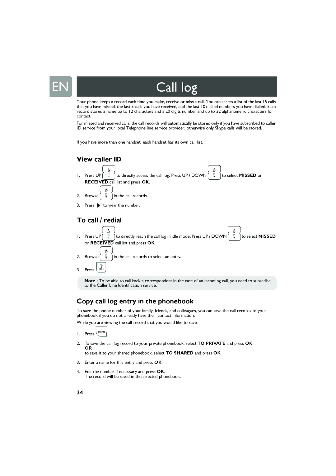 Philips VOIP321 user manual Call log, View caller ID, To call / redial, Copy call log entry in the phonebook 