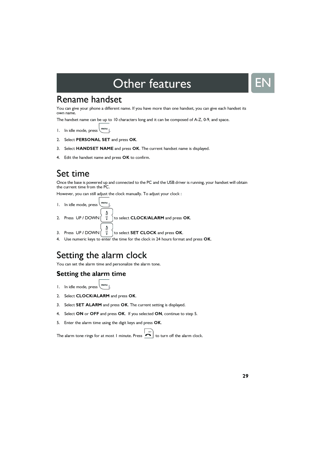 Philips VOIP321 user manual Rename handset, Set time, Setting the alarm clock, Setting the alarm time 