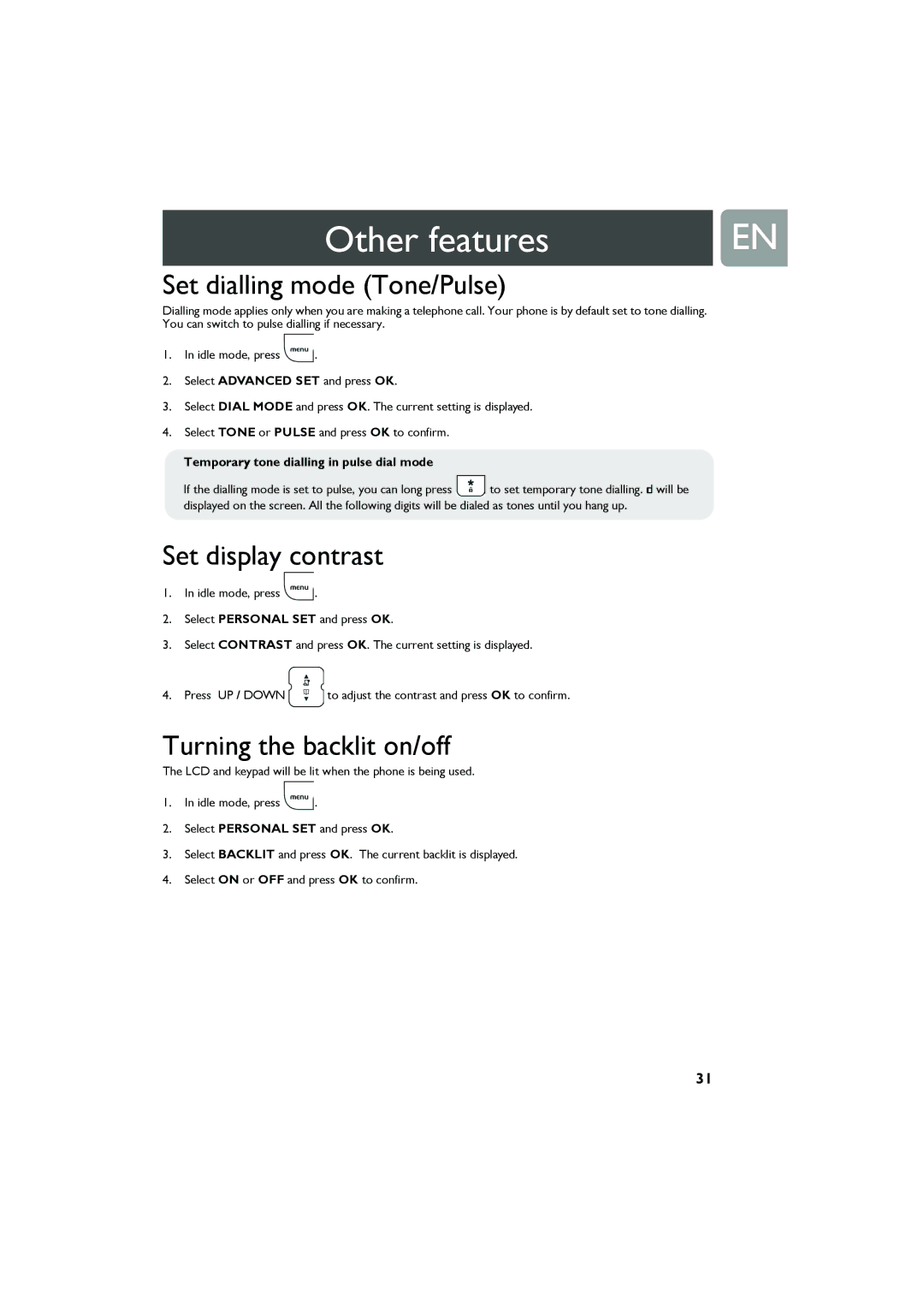 Philips VOIP321 user manual Set dialling mode Tone/Pulse, Set display contrast, Turning the backlit on/off 