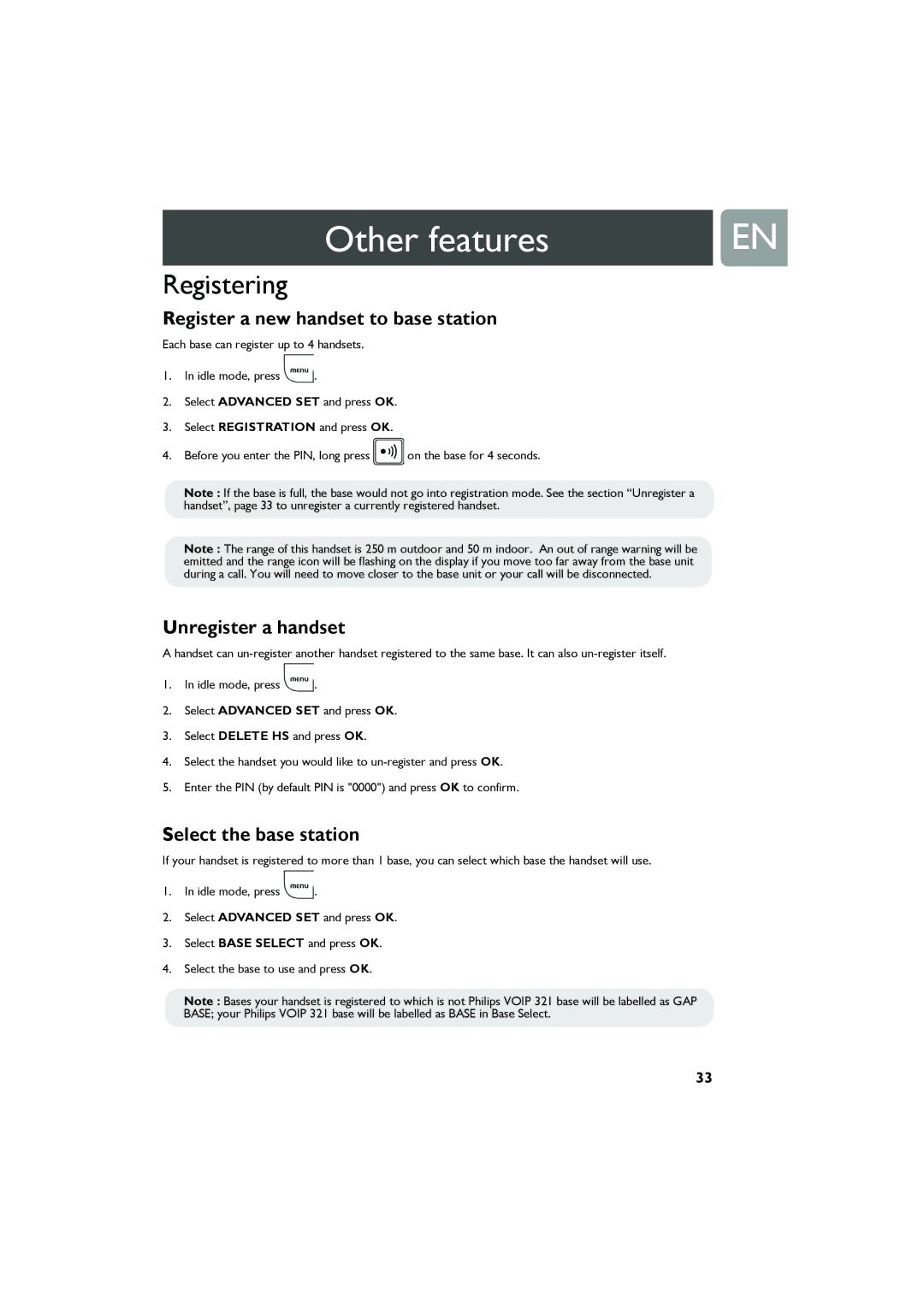 Philips VOIP321 Registering, Register a new handset to base station, Unregister a handset, Select the base station 