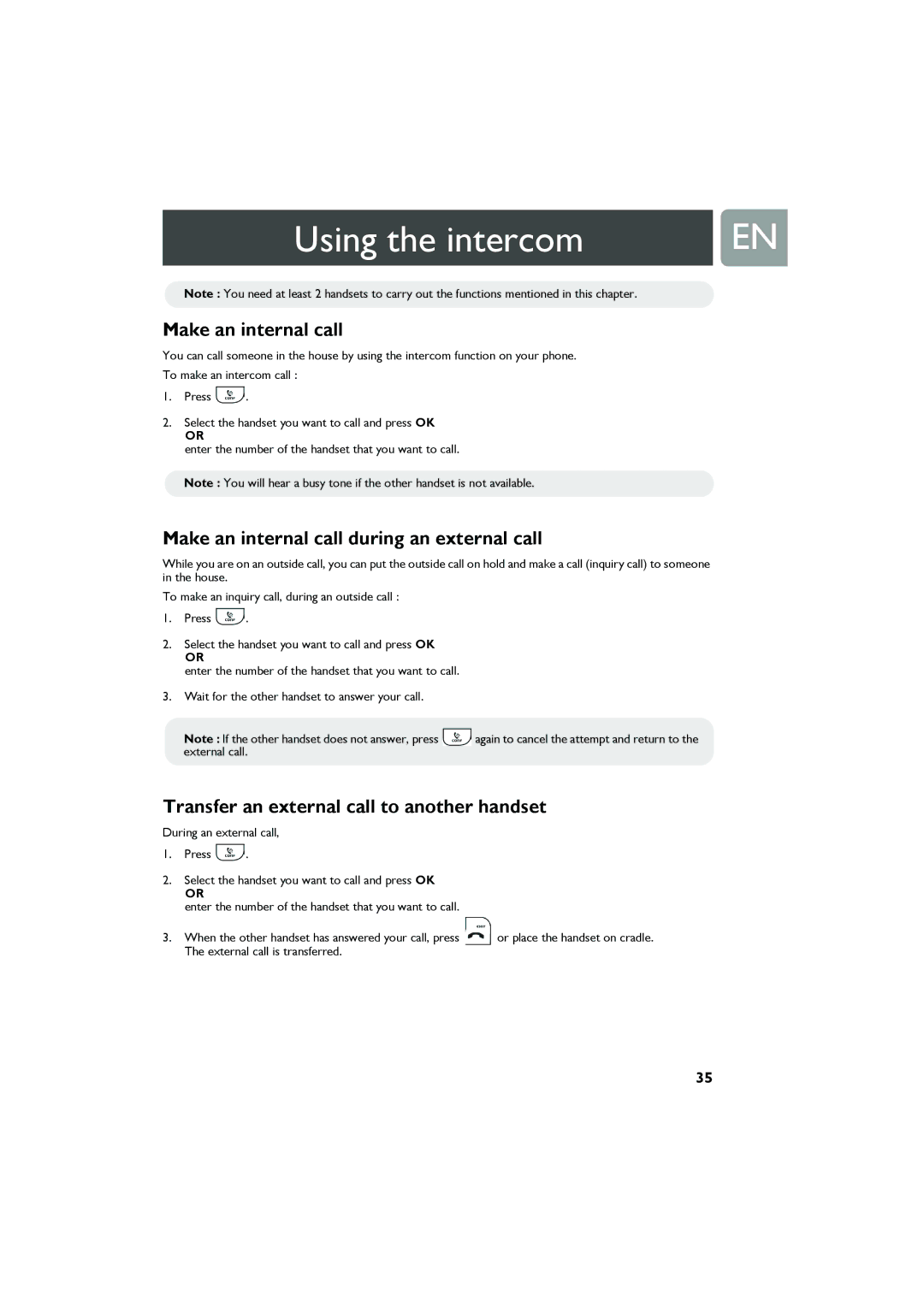 Philips VOIP321 user manual Using the intercom, Make an internal call during an external call 