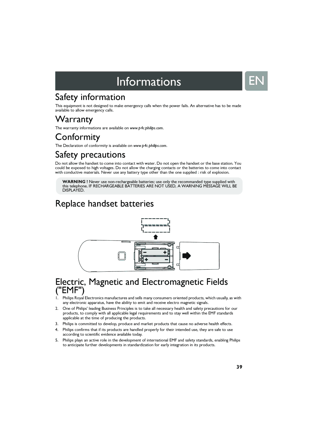 Philips VOIP321 user manual InformationsEN, Safety information, Warranty Conformity Safety precautions 