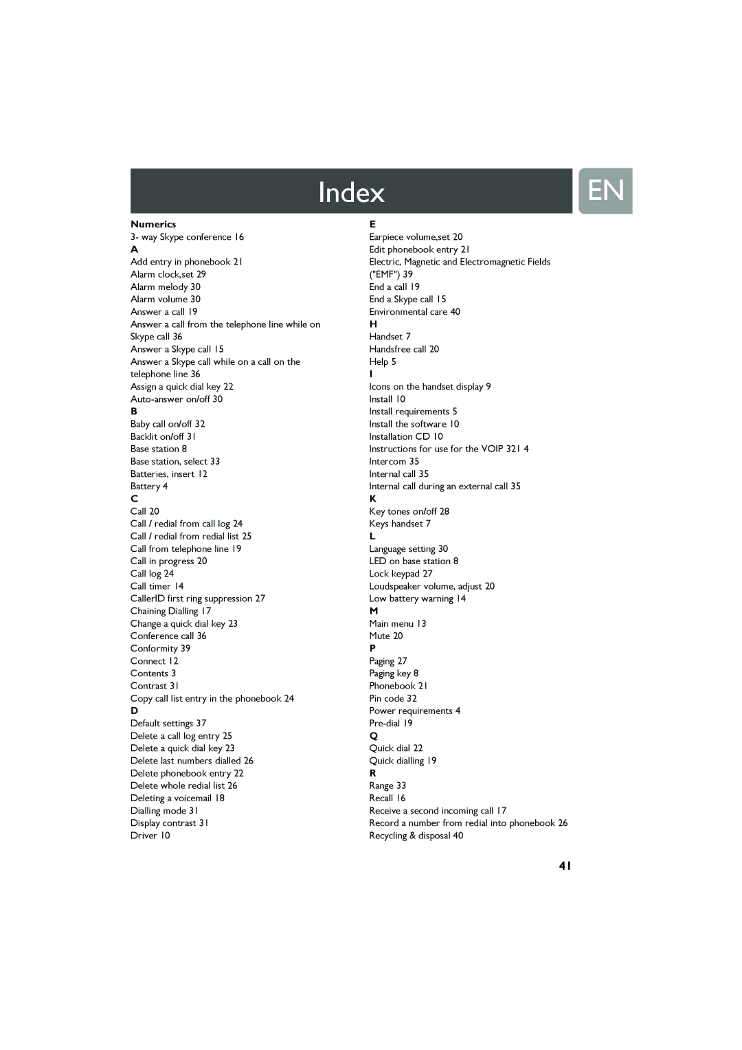 Philips VOIP321 user manual IndexEN, Numerics 