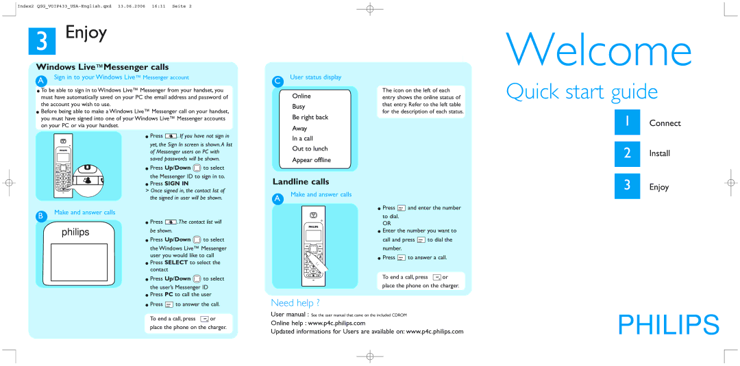 Philips VOIP433 Enjoy, Sign in to your Windows Live Messenger account, User status display, Make and answer calls 