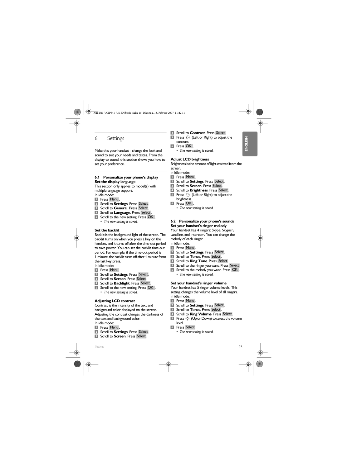 Philips VOIP841 manual Settings 