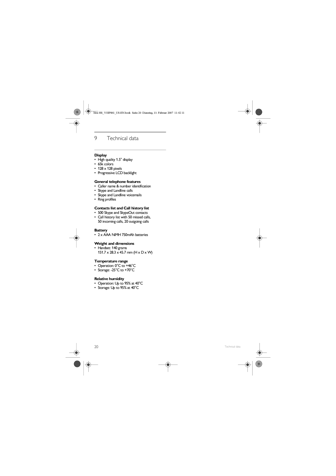 Philips VOIP841 manual Technical data 