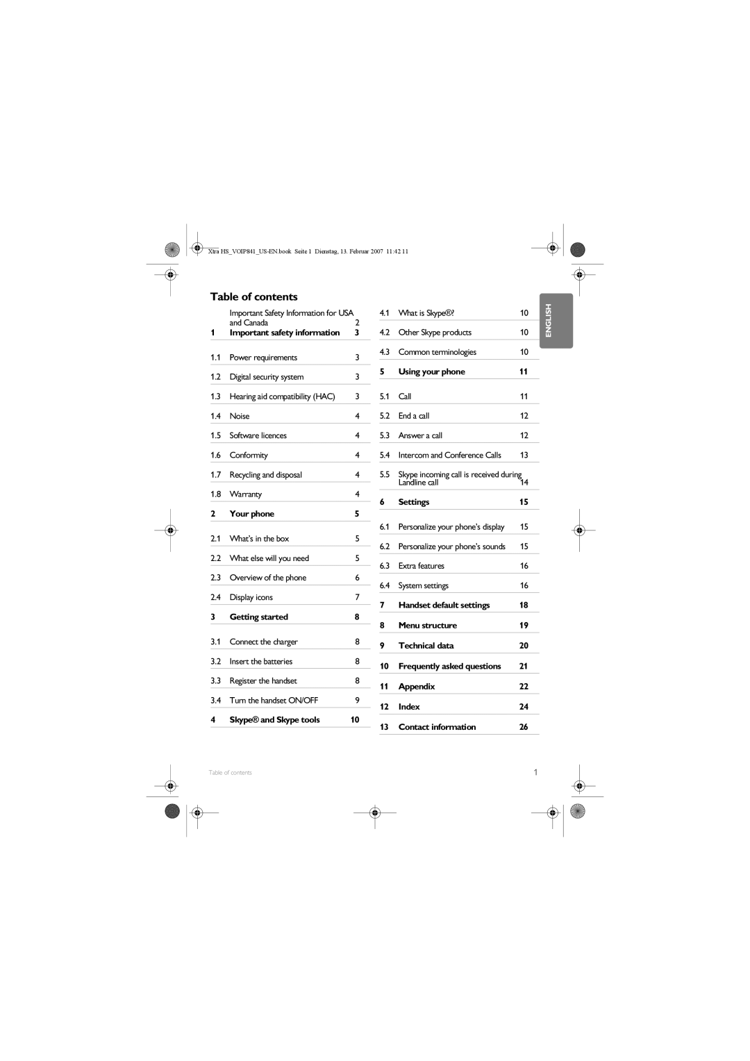 Philips VOIP841 manual Table of contents 